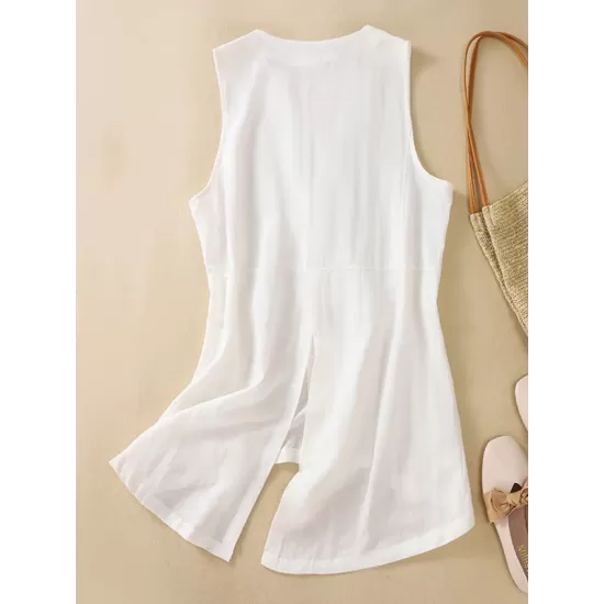 Buttoned Solid Color Loose Sleeveless V-neck Vest Top