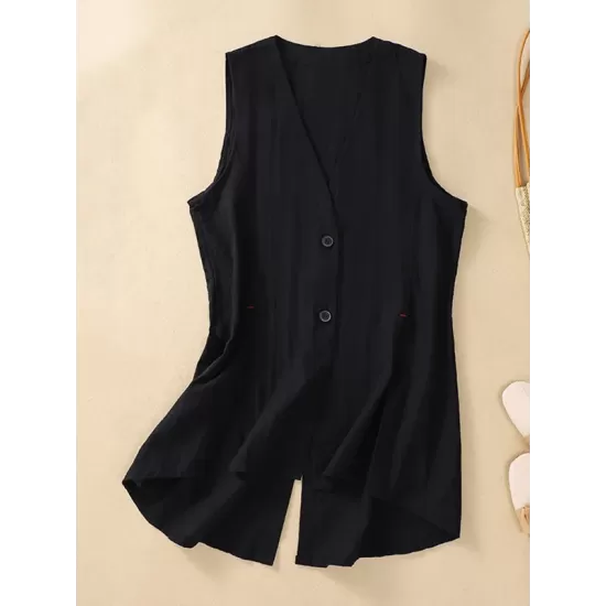 Buttoned Solid Color Loose Sleeveless V-neck Vest Top