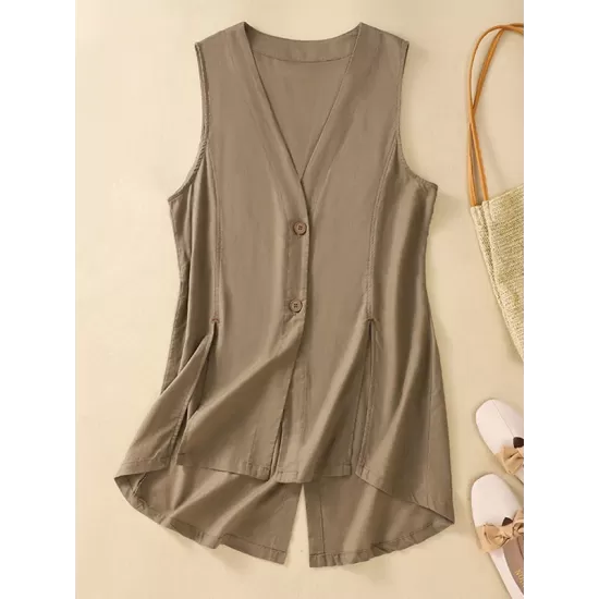 Buttoned Solid Color Loose Sleeveless V-neck Vest Top