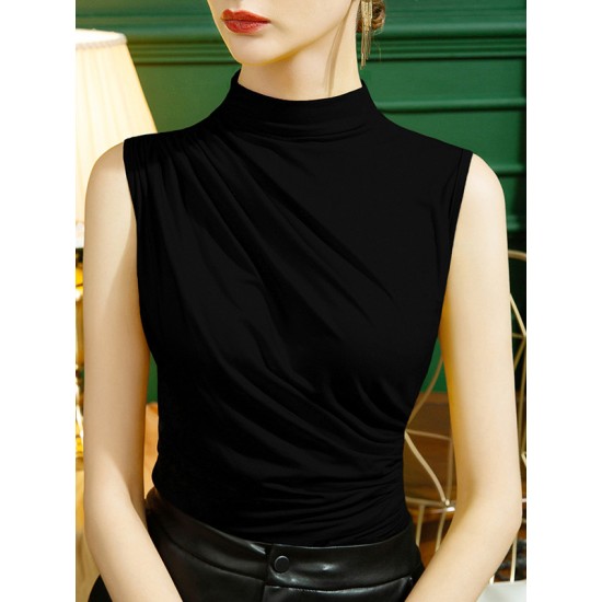 Pleated Solid Color Skinny Sleeveless Half Turtleneck Vest Top