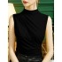 Pleated Solid Color Skinny Sleeveless Half Turtleneck Vest Top