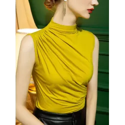 Pleated Solid Color Skinny Sleeveless Half Turtleneck Vest Top