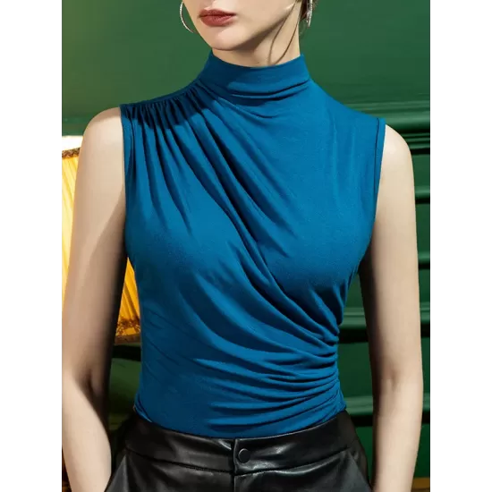 Pleated Solid Color Skinny Sleeveless Half Turtleneck Vest Top