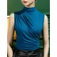 Pleated Solid Color Skinny Sleeveless Half Turtleneck Vest Top