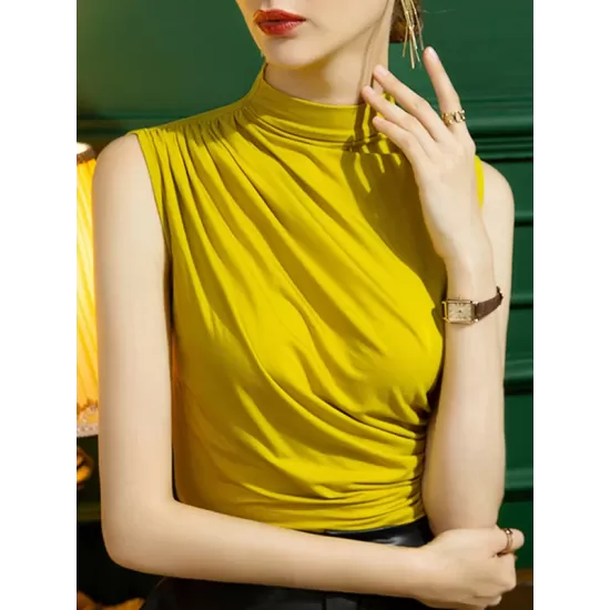 Pleated Solid Color Skinny Sleeveless Half Turtleneck Vest Top