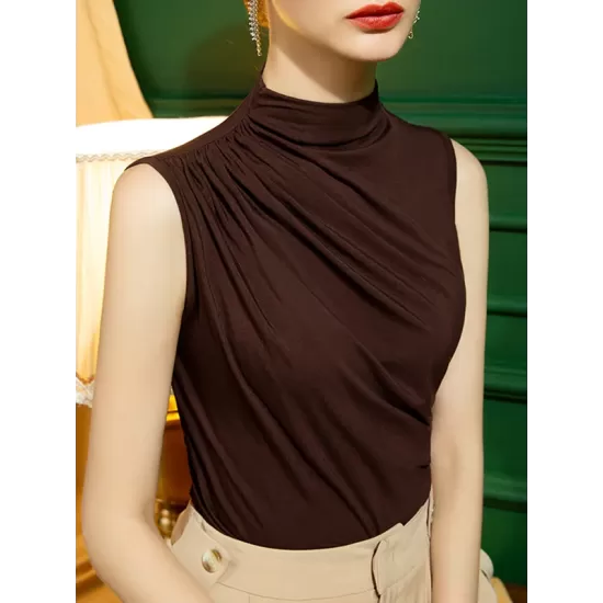 Pleated Solid Color Skinny Sleeveless Half Turtleneck Vest Top