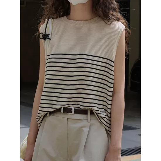 Striped Loose Sleeveless Round-neck Vest Top