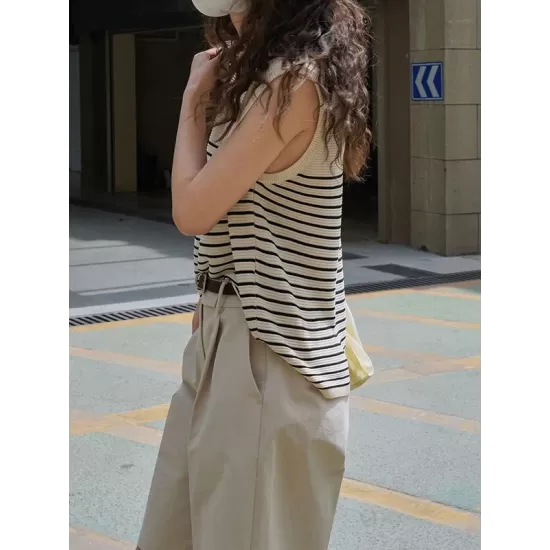 Striped Loose Sleeveless Round-neck Vest Top