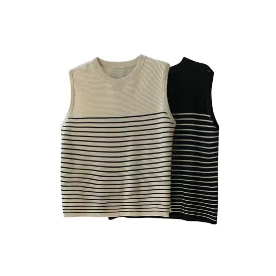 Striped Loose Sleeveless Round-neck Vest Top