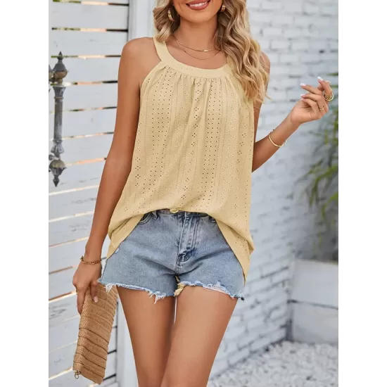 Hollow Solid Color Loose Sleeveless Round-Neck Vest Top