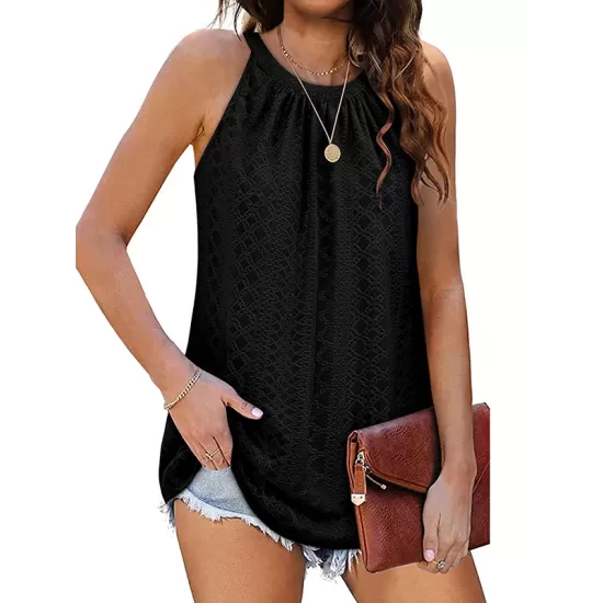 Hollow Solid Color Loose Sleeveless Round-Neck Vest Top