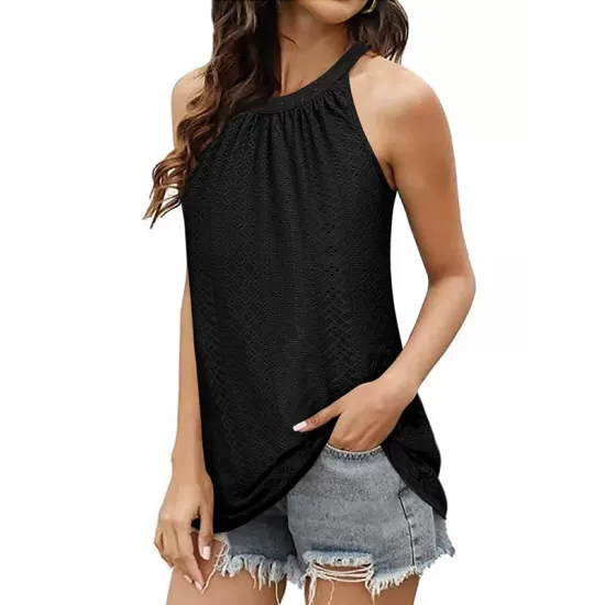 Hollow Solid Color Loose Sleeveless Round-Neck Vest Top