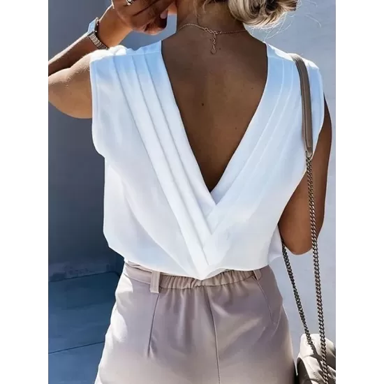 Solid Color V-back Loose Sleeveless V-neck Vest Top