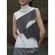 Asymmetric Color-Block Pleated Split-Joint Skinny Sleeveless High-Neck Vest Top