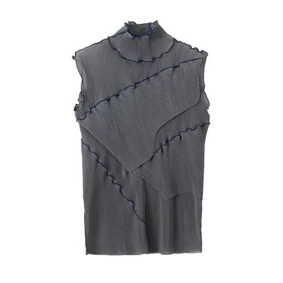 Asymmetric Color-Block Pleated Split-Joint Skinny Sleeveless High-Neck Vest Top