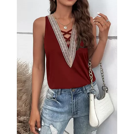 Hollow Split-Joint Loose Sleeveless V-Neck Vest Top