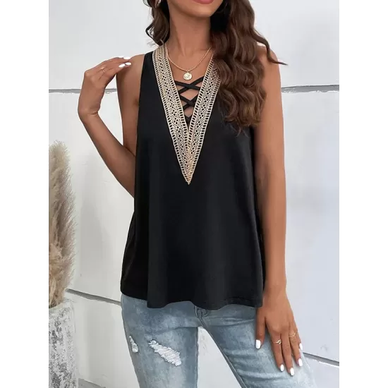 Hollow Split-Joint Loose Sleeveless V-Neck Vest Top