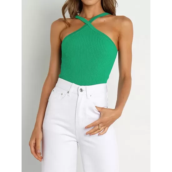 Solid Color Skinny Sleeveless Halter-Neck Vest Top