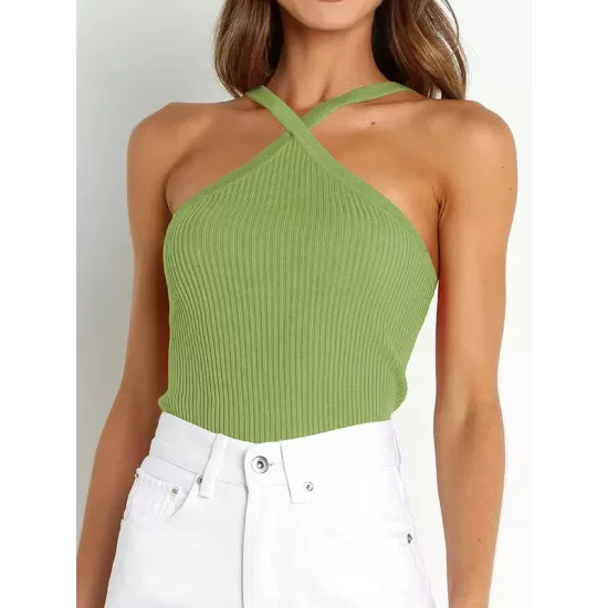 Solid Color Skinny Sleeveless Halter-Neck Vest Top