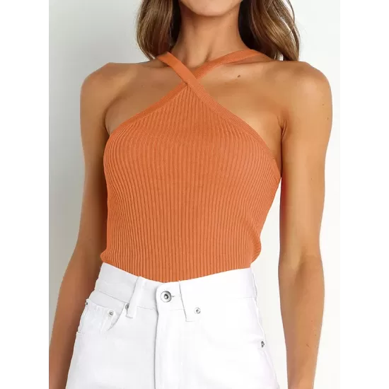 Solid Color Skinny Sleeveless Halter-Neck Vest Top