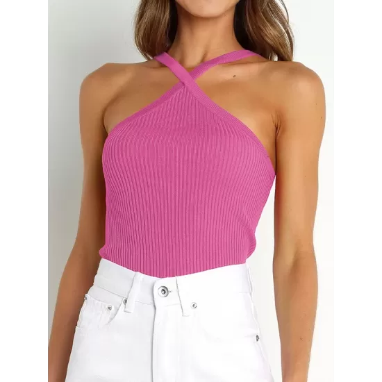 Solid Color Skinny Sleeveless Halter-Neck Vest Top