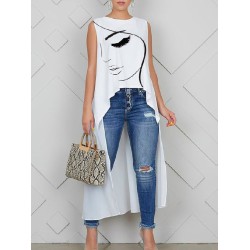 Figure Printed High-Low Sleeveless Round-Neck Vest Top