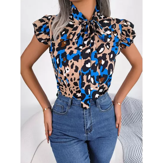 Leopard Cap Sleeve Loose Statement Collar Vest Top