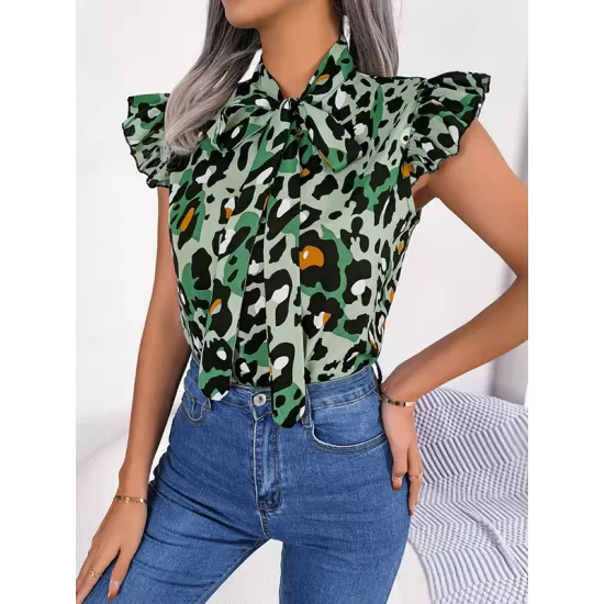 Leopard Cap Sleeve Loose Statement Collar Vest Top