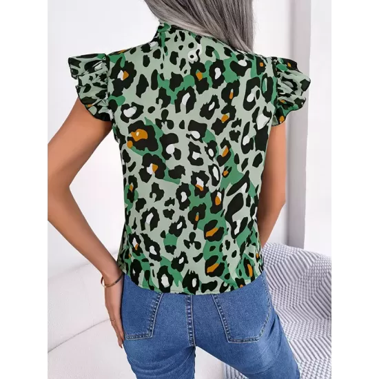 Leopard Cap Sleeve Loose Statement Collar Vest Top