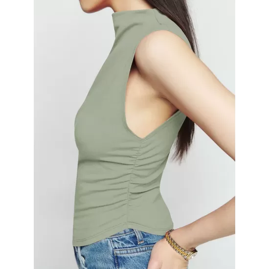 Pleated Solid Color Skinny Sleeveless Stand Collar Vest Top