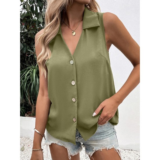 Buttoned Solid Color Split-Joint Loose Sleeveless V-neck Vest Top