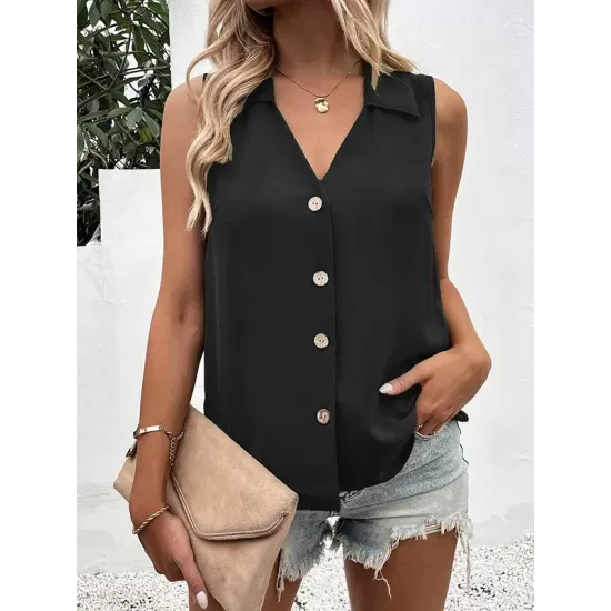 Buttoned Solid Color Split-Joint Loose Sleeveless V-neck Vest Top