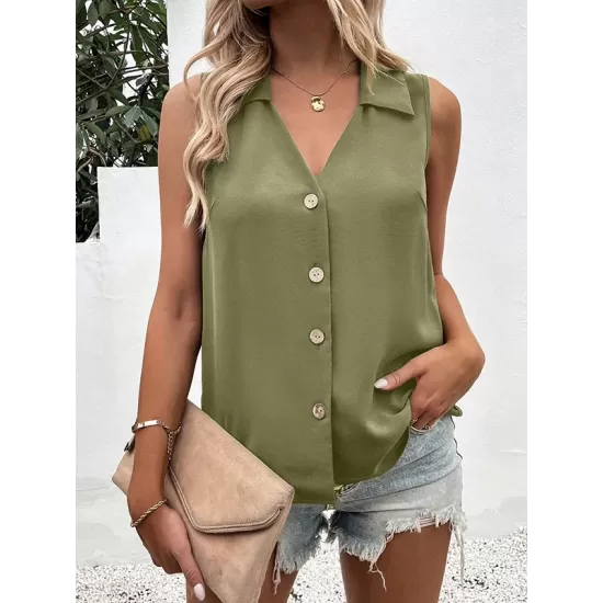 Buttoned Solid Color Split-Joint Loose Sleeveless V-neck Vest Top