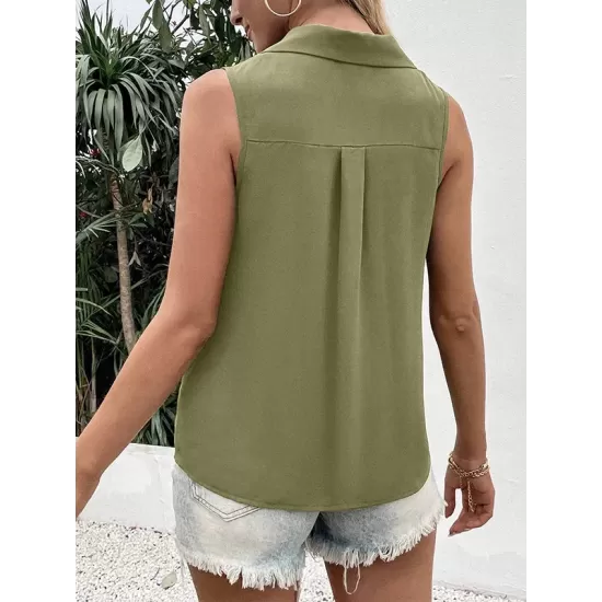 Buttoned Solid Color Split-Joint Loose Sleeveless V-neck Vest Top