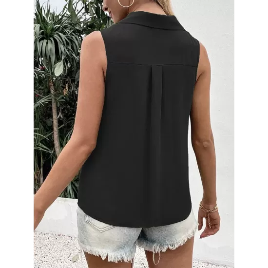 Buttoned Solid Color Split-Joint Loose Sleeveless V-neck Vest Top