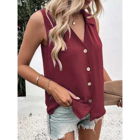 Buttoned Solid Color Split-Joint Loose Sleeveless V-neck Vest Top