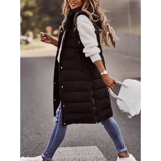 Buttoned Drawstring Keep Warm Solid Color Split-Joint Zipper Hooded Sleeveless Vest Outerwear Padded Coat