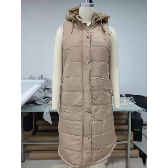 Buttoned Drawstring Keep Warm Solid Color Split-Joint Zipper Hooded Sleeveless Vest Outerwear Padded Coat