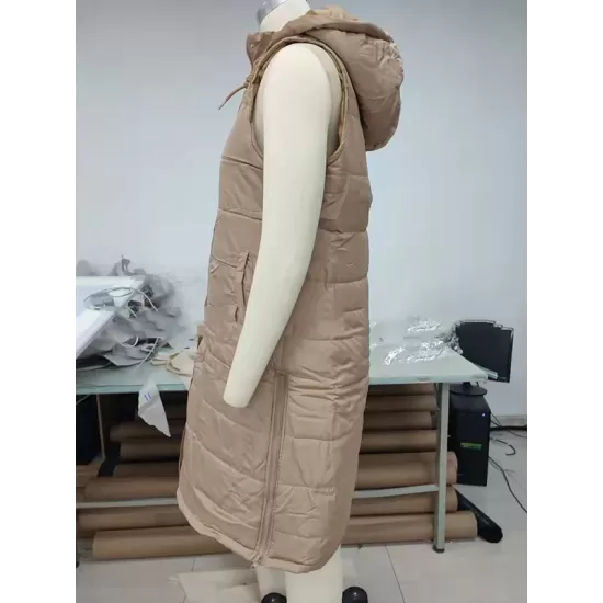 Buttoned Drawstring Keep Warm Solid Color Split-Joint Zipper Hooded Sleeveless Vest Outerwear Padded Coat