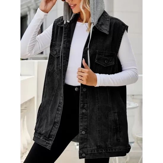 Buttoned Detachable Drawstring Hooded Pockets Split-Joint Loose Sleeveless Polo Vest Outerwear