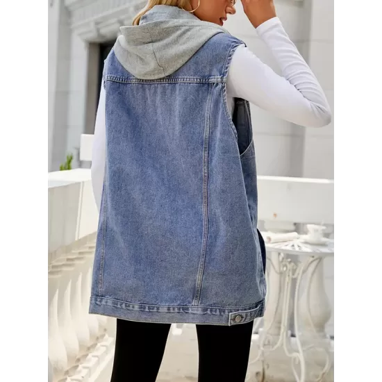 Buttoned Detachable Drawstring Hooded Pockets Split-Joint Loose Sleeveless Polo Vest Outerwear