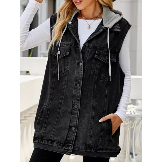 Buttoned Detachable Drawstring Hooded Pockets Split-Joint Loose Sleeveless Polo Vest Outerwear