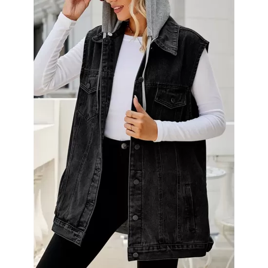 Buttoned Detachable Drawstring Hooded Pockets Split-Joint Loose Sleeveless Polo Vest Outerwear