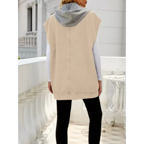 Buttoned Detachable Hooded Pockets Split-Joint Loose Sleeveless Lapel Collar Vest Outerwear