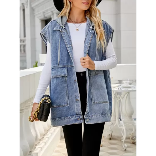 Buttoned Detachable Hooded Pockets Split-Joint Loose Sleeveless Lapel Collar Vest Outerwear