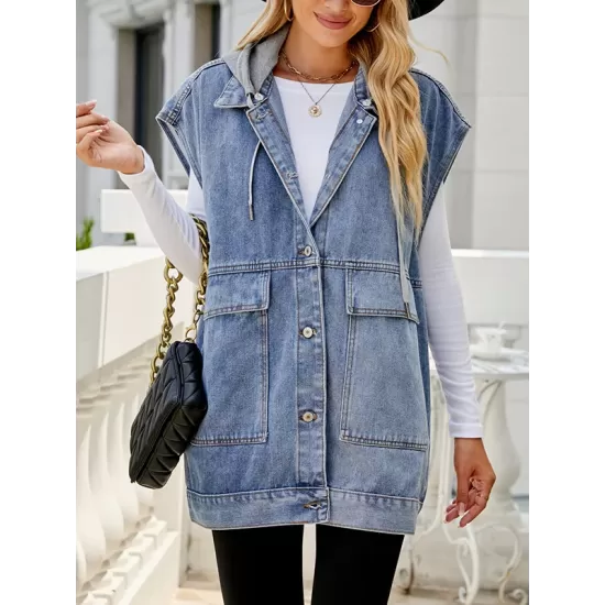 Buttoned Detachable Hooded Pockets Split-Joint Loose Sleeveless Lapel Collar Vest Outerwear