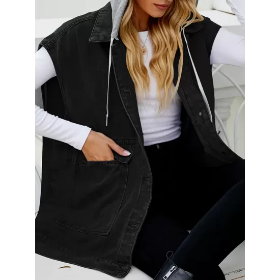 Buttoned Detachable Hooded Pockets Split-Joint Loose Sleeveless Lapel Collar Vest Outerwear