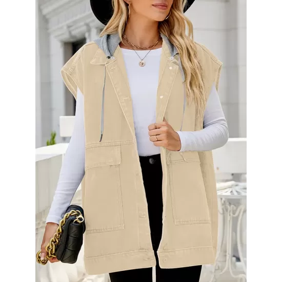 Buttoned Detachable Hooded Pockets Split-Joint Loose Sleeveless Lapel Collar Vest Outerwear