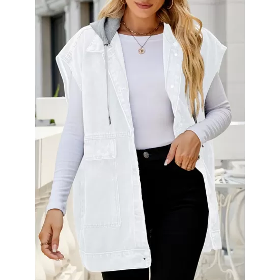 Buttoned Detachable Hooded Pockets Split-Joint Loose Sleeveless Lapel Collar Vest Outerwear