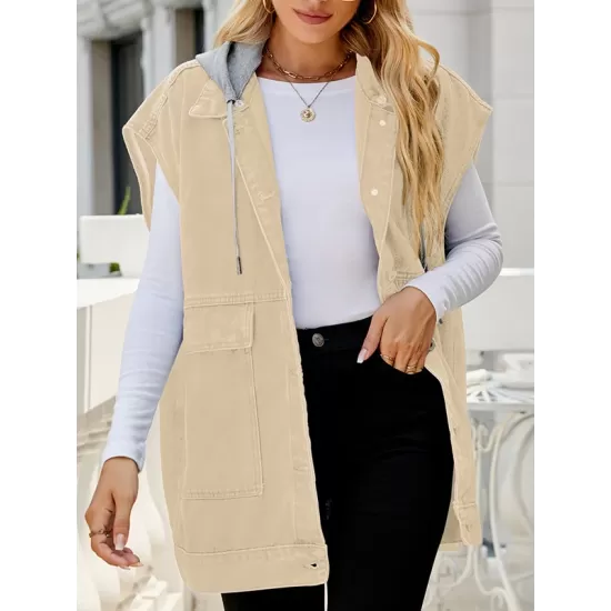 Buttoned Detachable Hooded Pockets Split-Joint Loose Sleeveless Lapel Collar Vest Outerwear